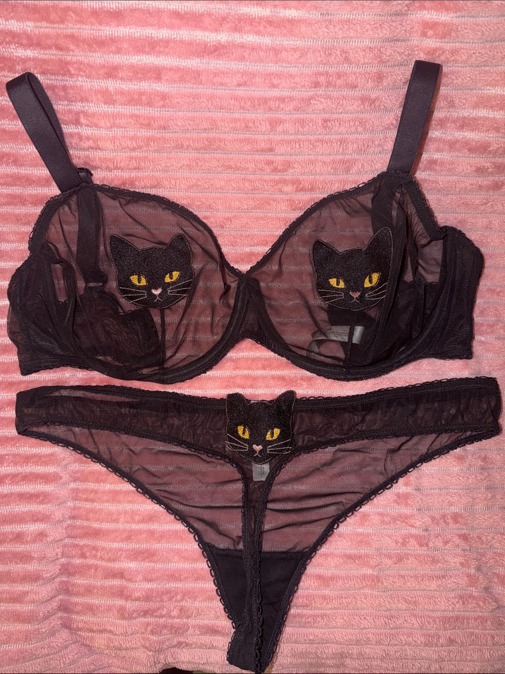 Adore Me Black Sheer Cat Appliqué Bra & Bikini
